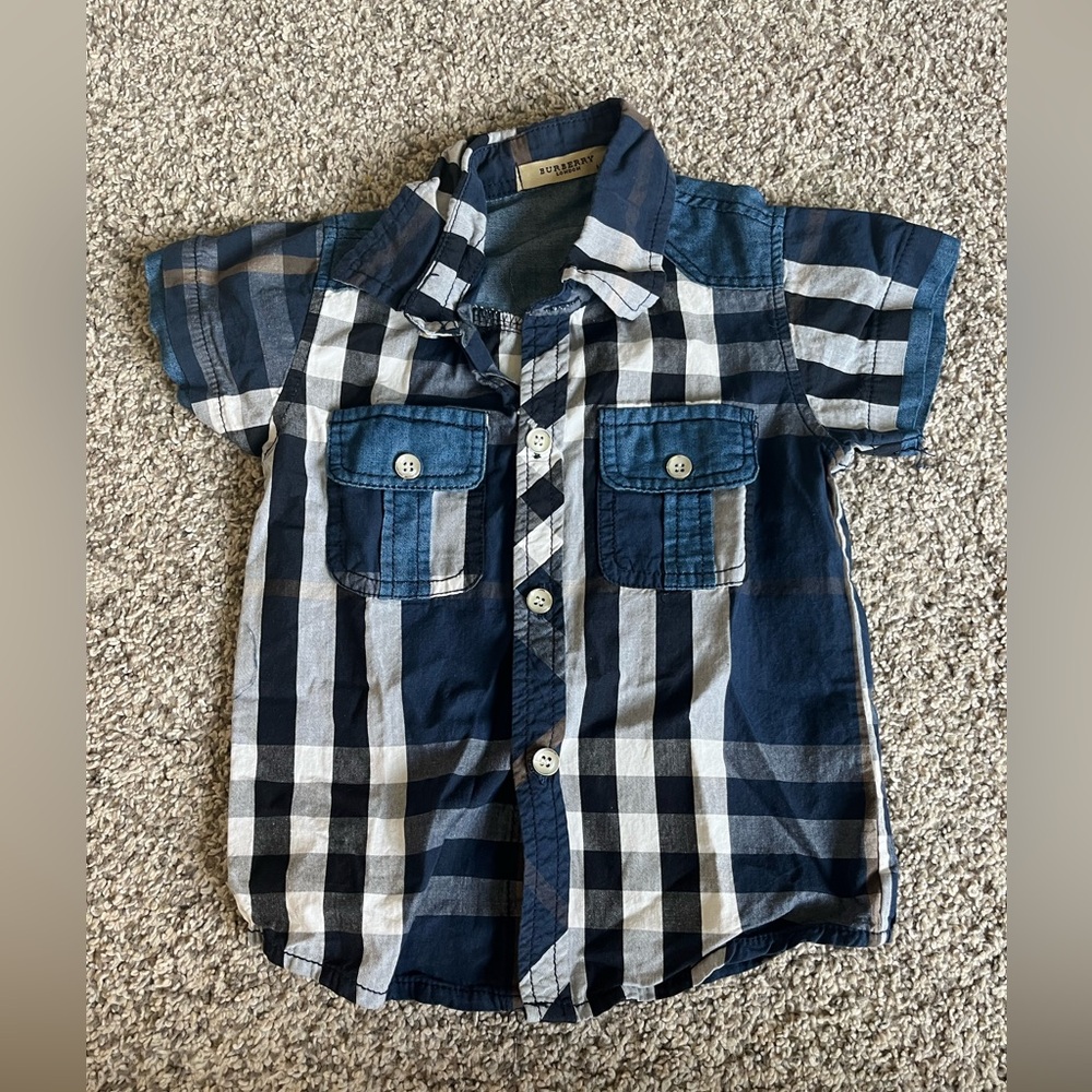 Burberry Kids Navy and White Checkered Shirt 3M-9M
